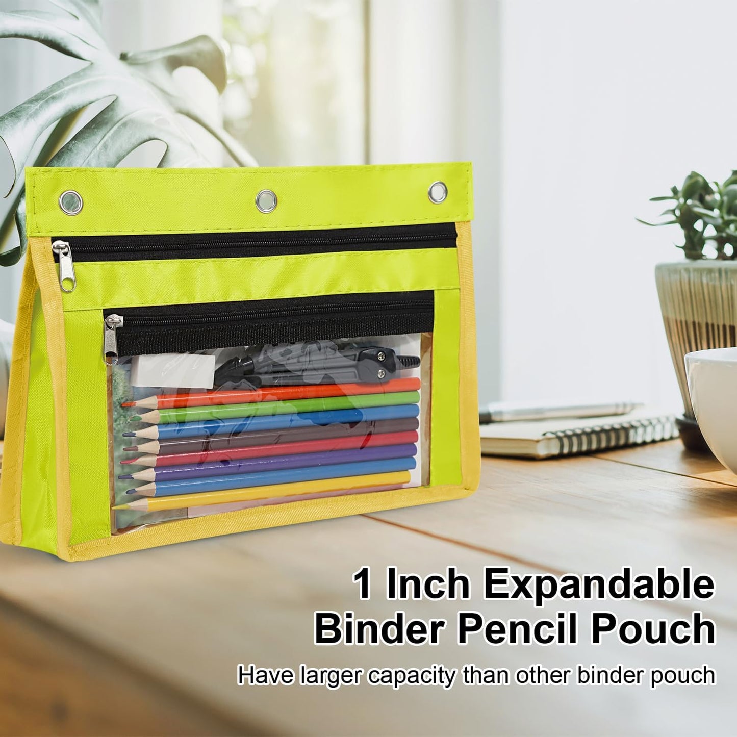 2 Pack 1 Inch Expandable Zipper Pencil Pouches with Clear Window for 3 Ring Binder, Suitable for School & Office(Yellow)