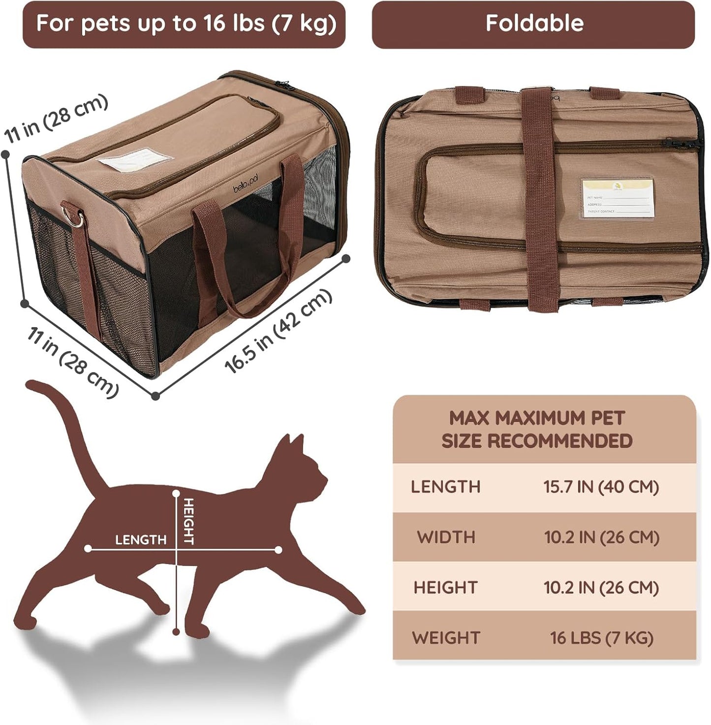 Cat Carrier Travel Bag, Airline Approved Lightweight Cat Carrier, Soft Sided Pet Carrier for Puppy Dogs Up to 18lbs, Collapsible Kitten Bag with Removable Waterproof Mat, Ventilated Mesh