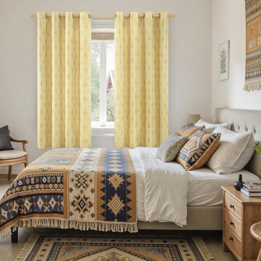 BGment Mustard Yellow French Country Curtains 63 Inches Long for Bedroom, Leaf Jacquard Botanical Pattern Cottage Core Boho Vintage Semi Sheer Linen Window Drapes, 2 Panels, 52 x 63 Inch