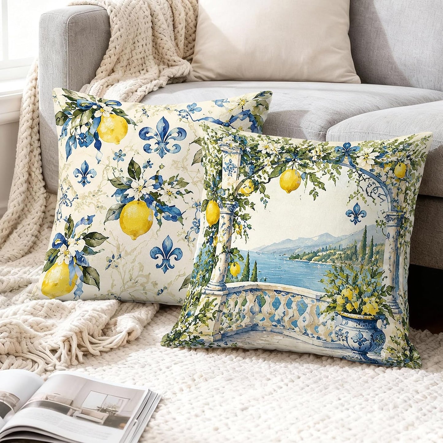 Lemon Throw Pillow Covers Set of 4, Mediterranean Rustic Flower Lily Summer Yellow Soft Velvet Washable Cushion Covers Pillow for Living Room Bed Office Sofa Chair Decor 20x20 Inch