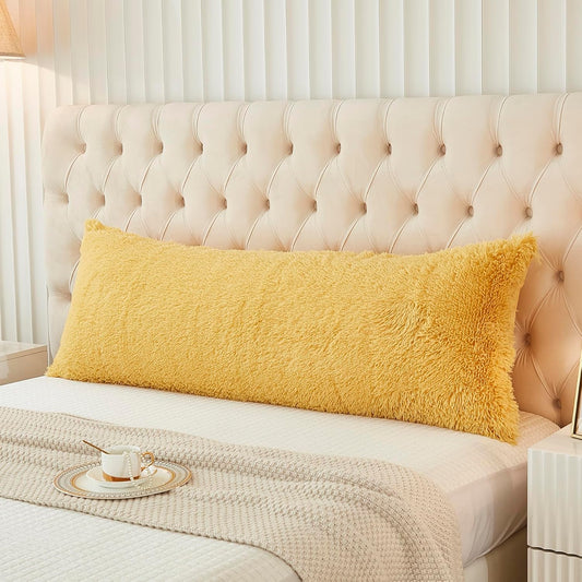 Body Pillow Cover Large Fluffy Shaggy Lumbar Full Body Pillowcase 21 x 54 Inches Soft 1 Pack Modern Home Decorative Zipper Closure, Lemon Yellow