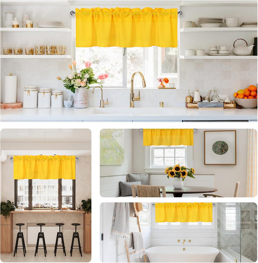 DWCN Valance Curtains for Living Room, Kitchen Valances Solid Short Topper, Rod Pocket Bathroom/Basement Curtain for Window Treatment, 1 Panel, 42 X 12 Inch, Yellow