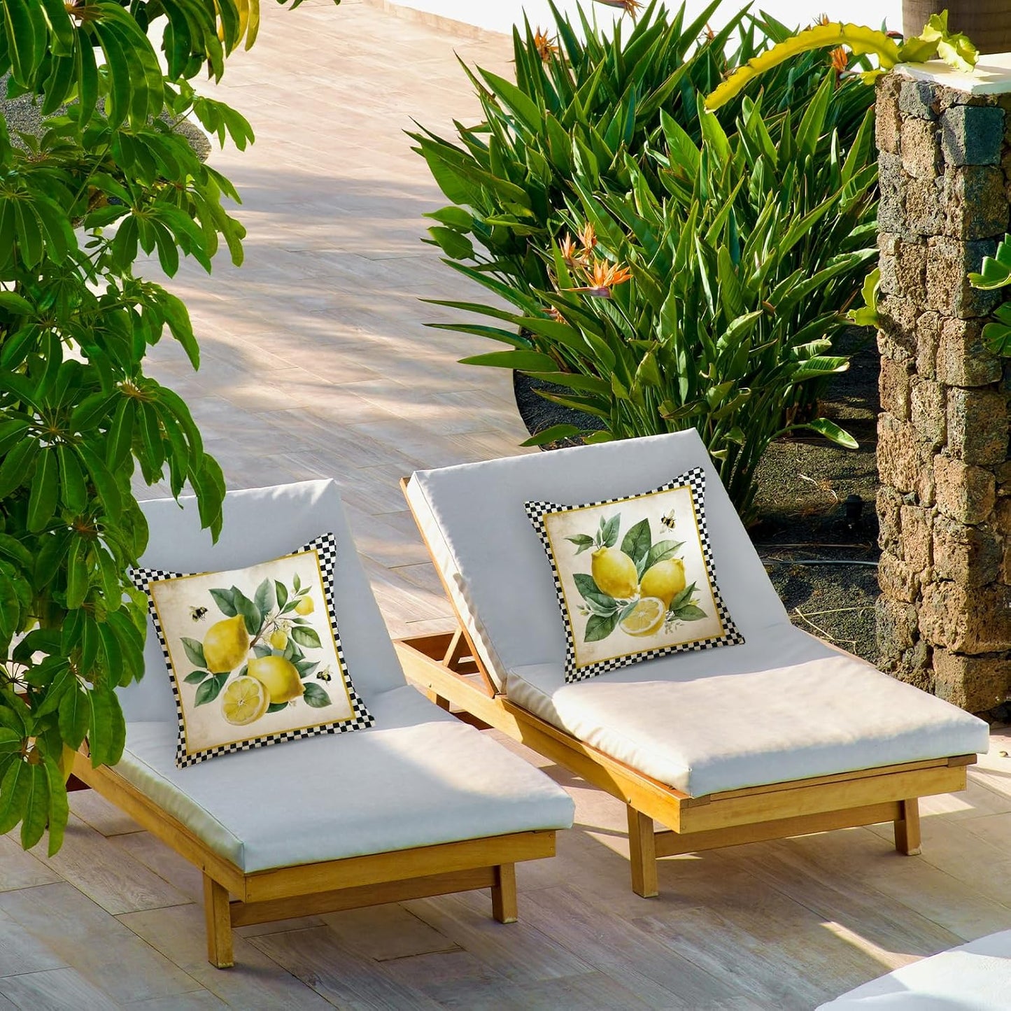 Summer Pillow Covers 18x18 Inch Set of 2 Lemon Decorative Black Plaid Throw Pillows Outdoor Porch Cushion Cases for Sofa Couch