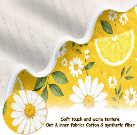 Yellow Lemon Daisy Print Baby Blanket 30"x40", Soft Cotton Toddler Blankets for Girls Boys with Warm Middle Layer, Lightweight Receiving Blanket for Newborn Crib Stroller