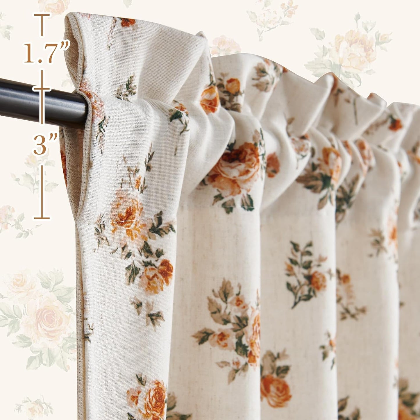 StangH Linen Floral Valance Kitchen Curtains 18 Inches,Printed Double Layer Valance Living Room Laundry Room Darkening Farmhouse Vintage Flower Window Treatment,Yellow,W52 x L18,1 Panel