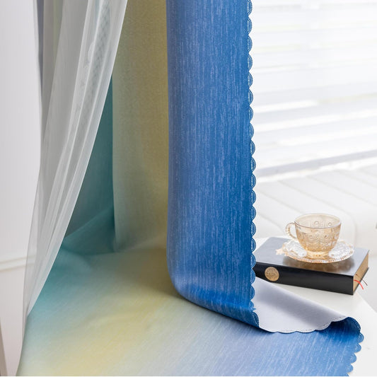 Double Layer Ombre Curtains for Girls Room Girls Bedroom Kids Room Grommets Top 63 Inch Lengt Rainbow Blackout Window Drapes 2 Panels, Yellow & Blue