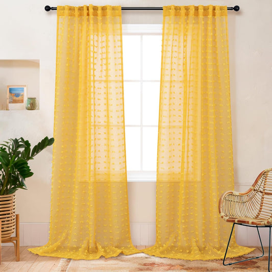Mustard Yellow Sheer Curtains 84 Inch Length 2 Panels for Spring Living Dining Room Bedroom Boho Farmhouse Gold Semi Sheer Pom Poms Tufted Curtain 84 Inches Long for Nursery Girls Kids Room Back Tab