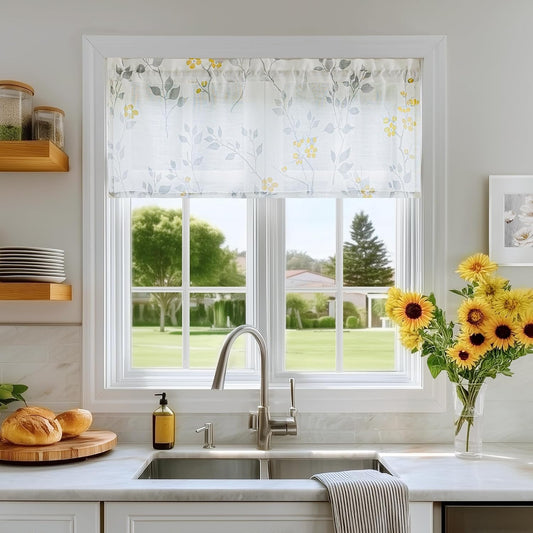 Beauoop Linen Floral Valance Curtains for Kitchen Living Room Yellow Grey Flower Semi Sheer for Bedroom Cafe Farmhouse Light Filtering Rod Pocket Voile Small Window Treatment Drapes, 50x18, 1 Panel