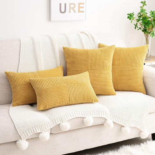 HWY 50 Mustard Yellow Corduroy Patchwork Throw Pillow Covers 12x20 Inch Rectangle, Set of 2, Soft Cozy Textured Decorative Cushion Cases for Couch Sofa Bed Living Room, Boho Striped Home Decor