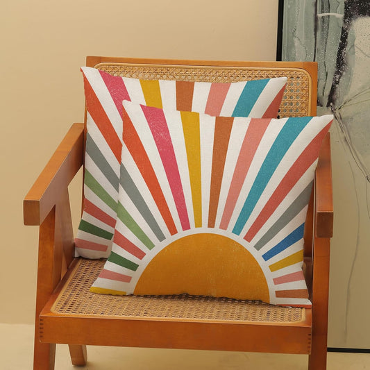 Boho Rainbow Sun Pillow Covers 18x18 Inch 2 Pcs Summer Colorful Stripes Yellow Sunshine Outdoor Throw Pillows Spring Summer Sunshine Sun Holiday Pillowcases Linen Decor Cushion Covers for Sofa Couch