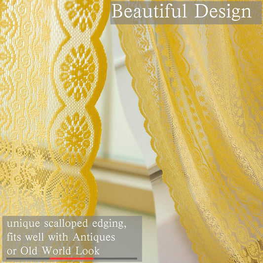 Mustard Yellow Lace Curtains - Scalloped Lace Sheer Panels, Boho & Vintage Decor, Crochet Lace, Elegant Victorian Window Curtains for Living Room, Bedroom, & More, 63 inch Length, Set of 2