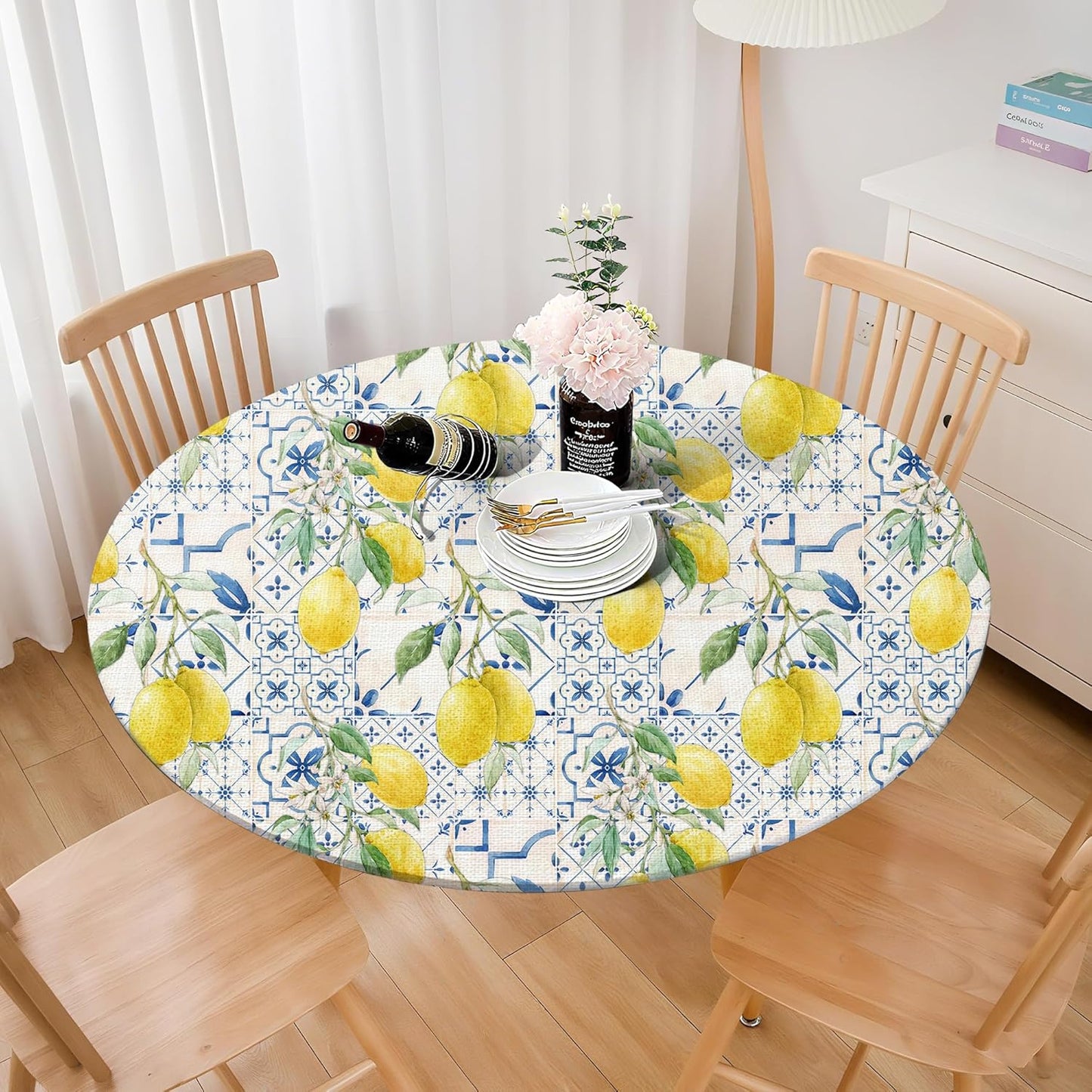Round Tablecloth Fitted Elastic Edge Patio Table Covers Wrinkle Resistant Polyester Table Cloth for Picnic Camping Indoor and Outdoor,Tiles Flower Texture Lemon 36"-44"