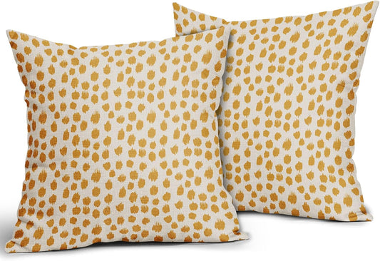 Mustard Yellow Cream Pillow Covers 18x18 Set of 2 Boho Design Polka Dot Throw Pillows Modern Brush Strokes Print Decorative Outdoor Pillowcase Square Cushion Cover Linen Pillow Case for Sofa Couch Bed