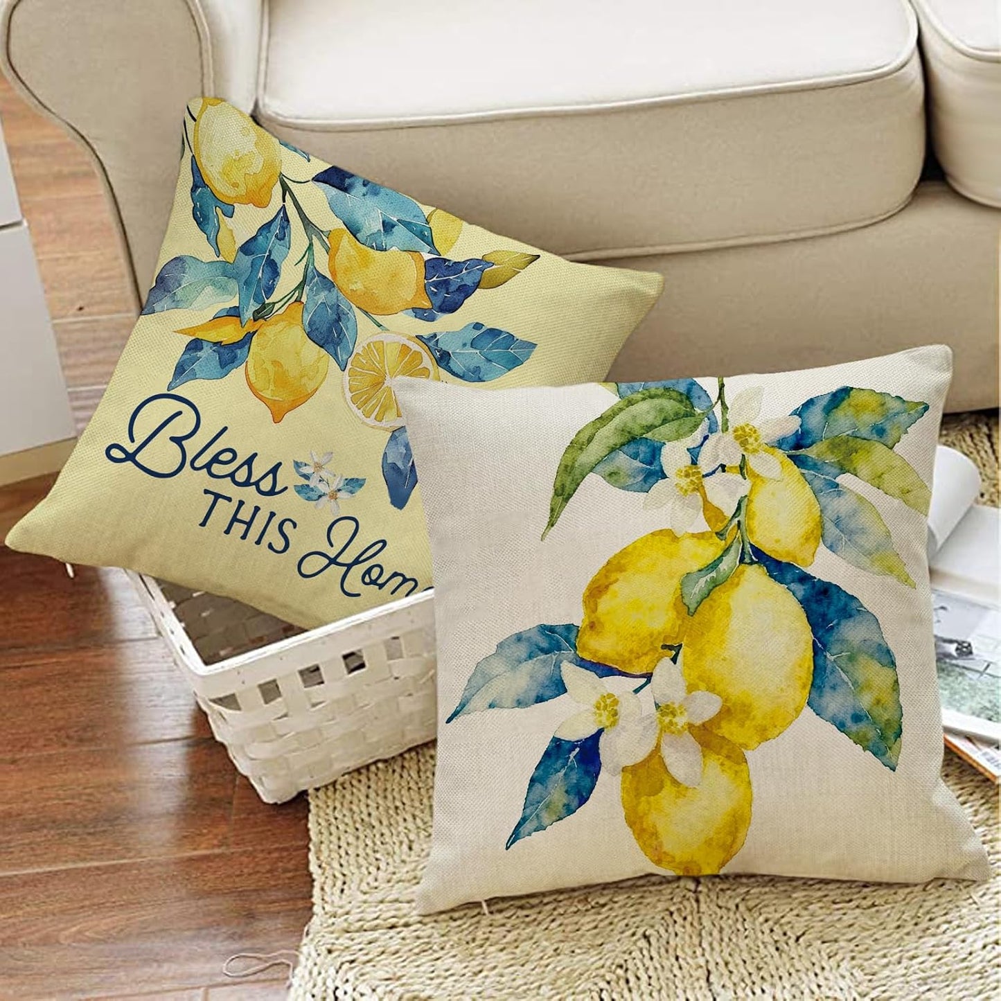 Lemon Decorative Throw Pillow Covers 18 x 18 Set of 4, Home Sweet Home Citrus Fruit Floral Botanical Family Porch Outdoor Decor, Spring Summer Bless This Home Farmhouse Sofa Couch Cushion Case