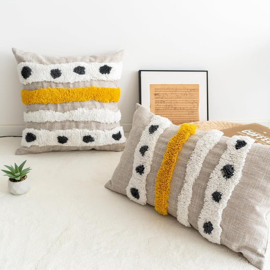 Boho Tufted Lumbar Throw Pillow Cover with Handwoven Stripes, Linen Cotton Simple Decorative Cushion Case for Couch Sofa, 1 PC (Beige Yellow, 12x20 inch)