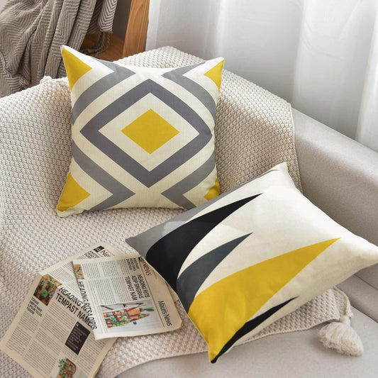 Tosewever Set of 4 Decorative Geometric Yellow Grey 18 x 18 Inches Throw Pillow Covers - Modern Pattern Linen Square Pillow Cushion Case for Sofa Couch Bed Home Decor Outdoor (18" x 18", Yellow/Gray)