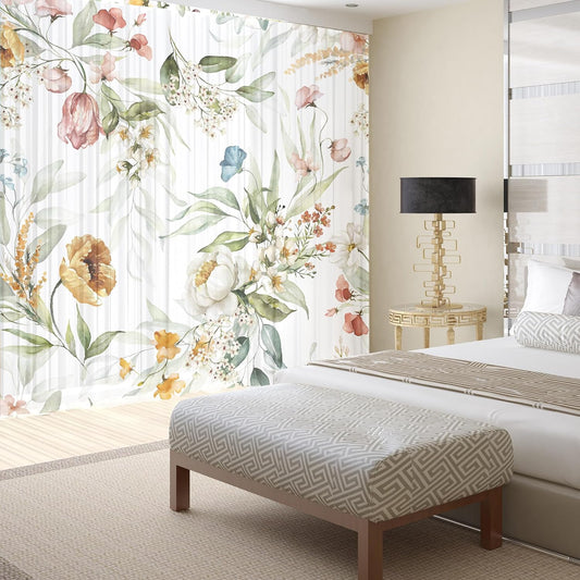 Floral Sheer Curtains for Living Room 63 inch Length 2 Panels Set Elegant Yellow Flower Spring Printed Window Curtain Chiffon Drapes for Bedroom