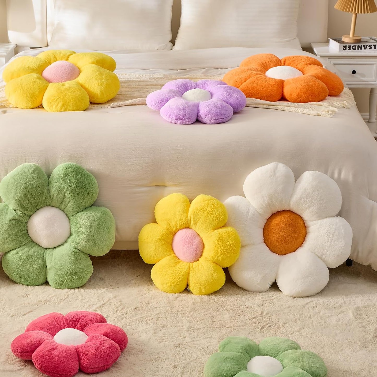 CANGHI Flower Pillow White Yellow 15.7" Plush Throw | Cute daisy shaped aesthetic cushion for bed, sofa, chair & floor seating, cozy floral home accent.