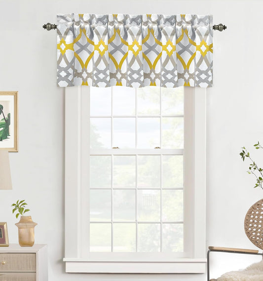 DriftAway Alexander Blackout Valances for Windows Thermal Insulated Kitchen Topper Geometric Moroccan Mid Century Pattern Match Thick Bathroom Curtain Valance Rod Pocket 52 Inch by 14 Inch Yellow/Gray