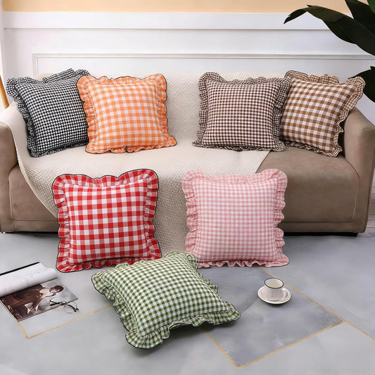 MOJUN Yellow White Plaid Ruffle Throw Pillow Covers18x18 Set of 2, Farmhouse Rustic Vintage Square Checkered Ruffles Pillow Cushion Cases with Ruffles for Sofa Bed Living Room Pillowcase Decoration