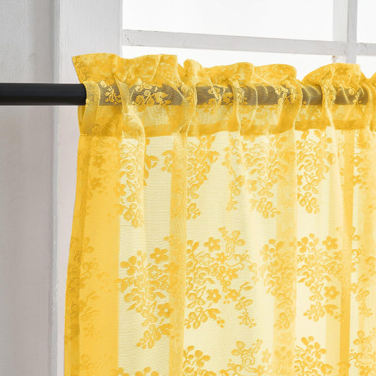 YJ YANJUN Vintage Lace Curtains 36 Inch Length- Victorian Floral 70s Mustard Yellow Short Kitchen Curtains for Bedroom Bathroom Small Window Coffee Cabinet Rod Pocket Gold 2 Panels W26 x L36 Inch
