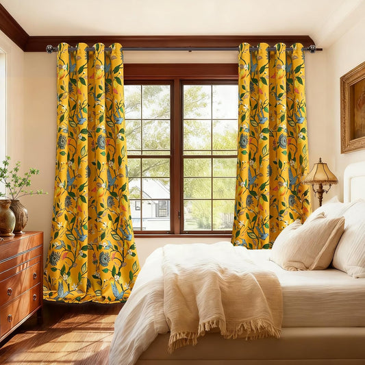 FRAMICS 100% Blackout Curtains for Bedroom Vintage Yellow Floral Curtains for Living Room 84 Inches Long, Luxury Patterned Curtain Lemon Hummingbird Grommet Thermal Insulated Drapes, 2 Panels