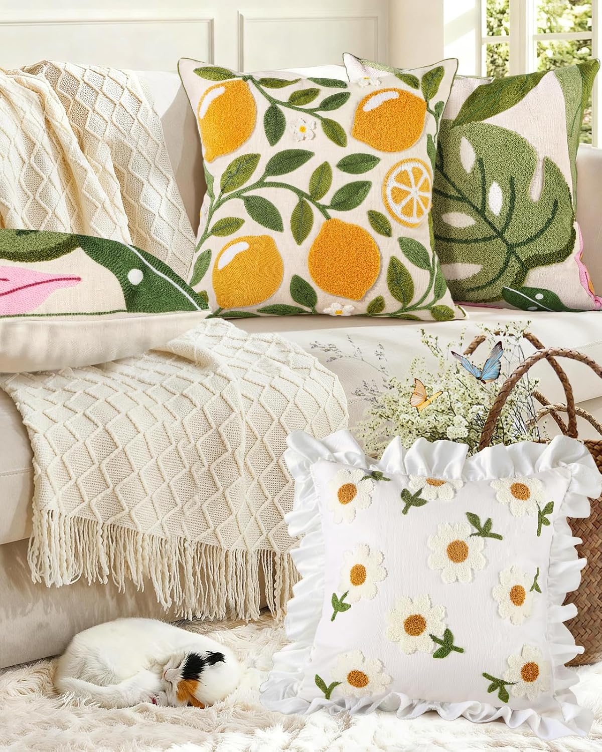Embroidered Throw Pillow Cover - 18x18 Decorative Pillow Cover with Zipper Aesthetic Cute Design Boho Spring Summer Throw Pillowcase for Living Room Couch Sofa Bed, Branch Lemon