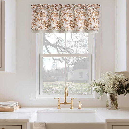 PONY DANCE Linen Valance Curtain for Kitchen 18 inch Long, Farmhouse Peony Pattern Floral Double Layer Window Cafe Light Filtering Valance for Living Room Ticking Rod Pocket, 1 Panel, Yellow on Linen