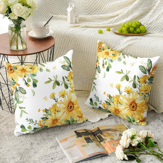 AVOIN colorlife Eucalyptus Leaves Yellow Flowers Throw Pillow Cover Set of 2, 18 x 18 Inch Seasonal Spring Summer Floral Cushion Case Decoration for Home Sofa Couch