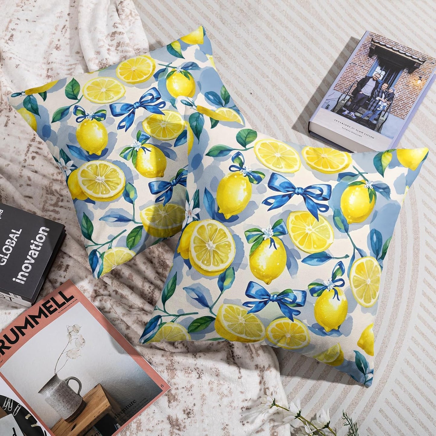 Yellow Lemon Pillow Covers 20X20 Set of 2, Blue Bow Floral Summer Theme Print Decorative Throw Pillowcases Outdoor Farmhouse Seasonal Cushion Cases Couch Sofa Bed Porch Decor