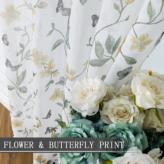 Tollpiz Sheer Floral Curtain Valance Yellow Flower Butterfly Printed Bedroom Curtain Valances Rod Pocket Voile Faux Linen Window Valance Curtains for Living Room, 54 x 16 inches Long, Set of 1 Panel