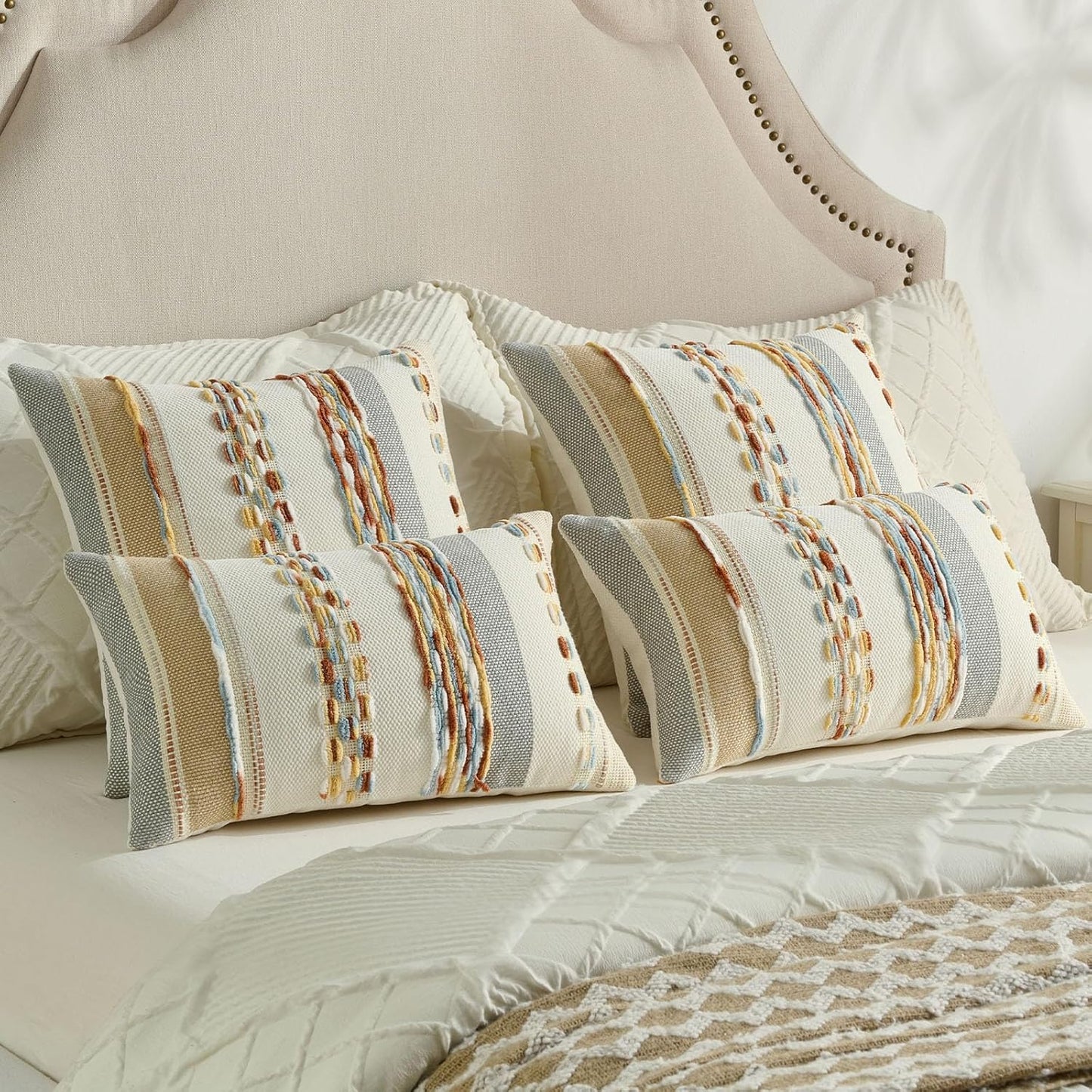 FUTEI Pack of 2 Boho Chenille Decorative Throw Pillow Covers 18x18 Inch Soft Tufted Striped Textured Cushion Case,Farmhouse Accent for Couch Bed Living Room, Rust Blue Yellow