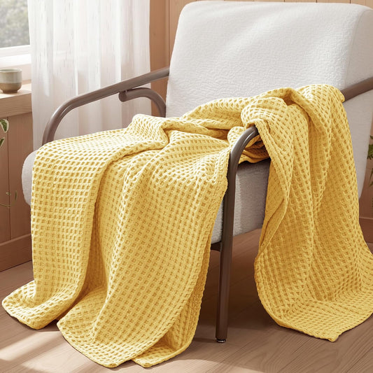 Exclusivo Mezcla Pre-Washed 100% Cotton Waffle Blanket King Size for Bed, 330GSM Lightweight Breathable Summer Blankets, Soft and Cozy, Home Decor, Yellow, 104x90 Inches