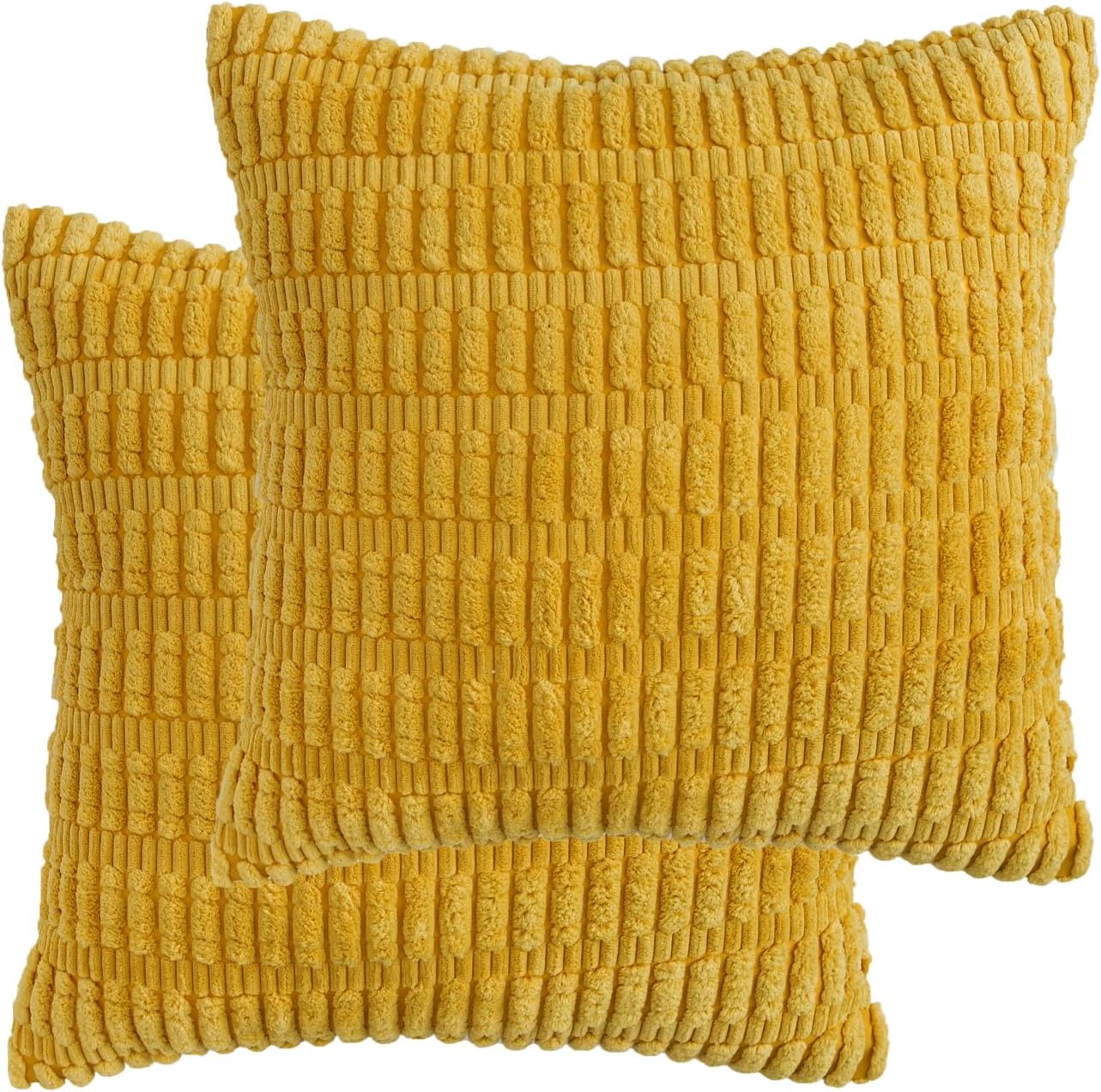 Corduroy Decorative Throw Pillow Covers, Boho Stripe Soft Square Cushion Case Home Decor for Living Room Couch Bed Sofa, Set of 2 Pack, Mustard Yellow, 26x26 Inch