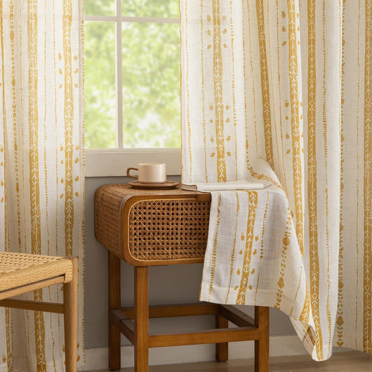 Mustard Yellow Vintage Boho Linen Curtains for Farmhouse - 84 Inches Long Cottage Core Light Filtering Rustic Window Drapes for Country Living Room, Each 52 Inch Wide, 2 Panels Set, W52 x L84