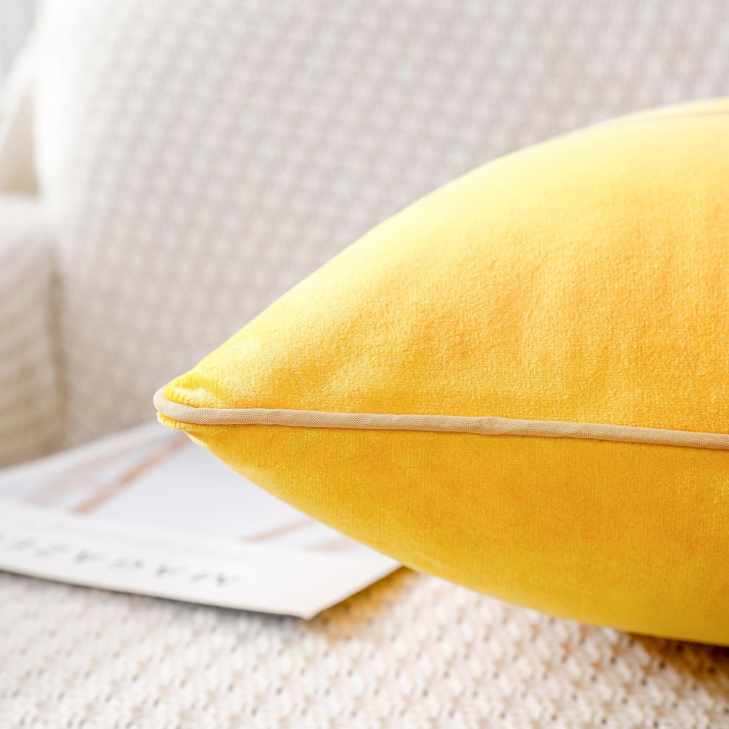 PANOD Patchwork Yellow Silk-Like Velvet Throw Pillow Cover with Gold Striped Leather Cushion Case Modern Luxury Square Pillowcase for Sofa Couch Bedroom Living Room Home,16x16 inch