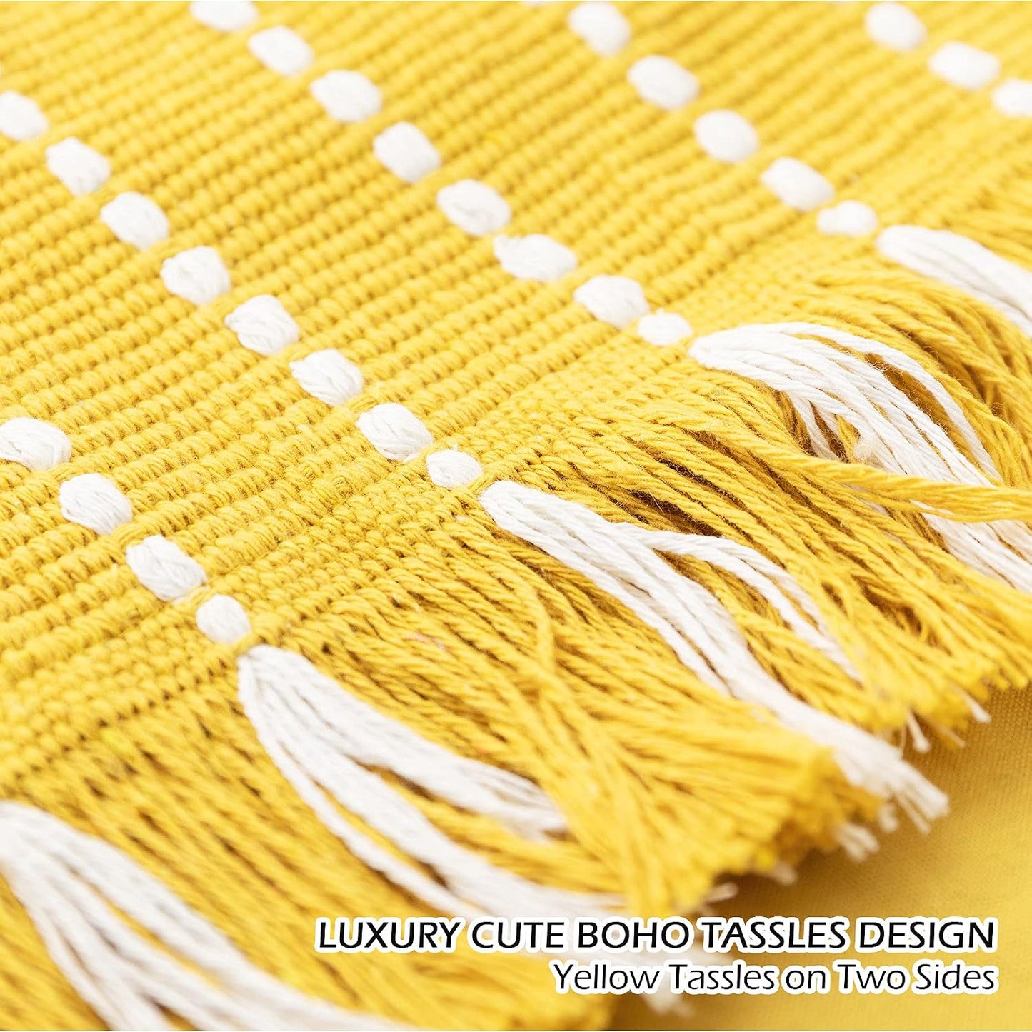 LIGICKY Decorative Boho Lumbar Tassel Throw Pillow Covers Rectangle Woven Cotton Cushion Cover Striped Pillowcases for Couch Sofa Bedroom Living Room, Yellow and White 12 x 20 Inch