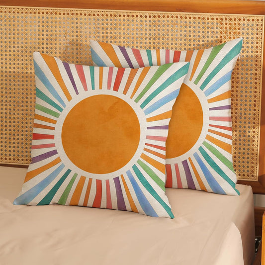 Summer Pillow Covers 16x16 Set of 2, Boho Sun Throw Pillows Stripes Yellow Blue Orange Sunshine Decorations Watercolor Rainbow Pillowcase Linen Boho Outdoor Decor Cushion Case for Home Sofa
