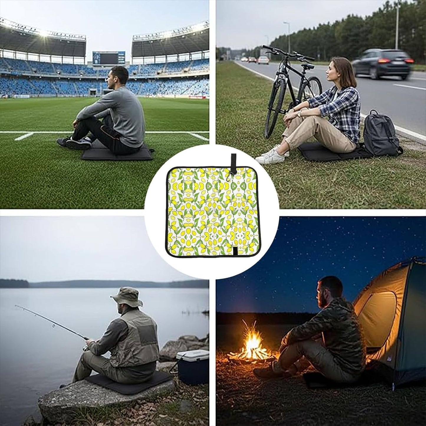 Yellow Fresh Lemons Print Outdoor Sitting Cushion Folding Seat Pad Compact Portable Picnic Bench Cushion Mat