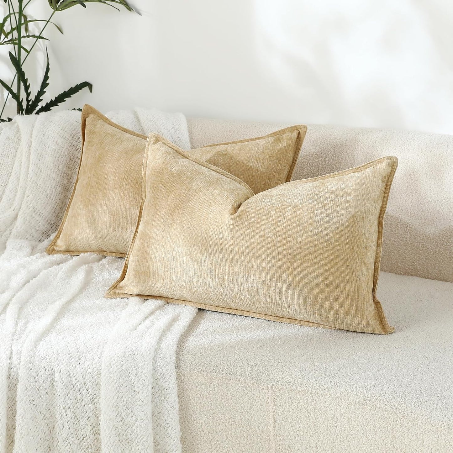 Stellhome Lumbar Chenille Throw Pillow Covers Set of 2 Super Soft Textured Decorative Pillow Covers Accent Solid Cushion Cover for Couch Sofa Bedroom Living Room 12x20 Inch, Yellow