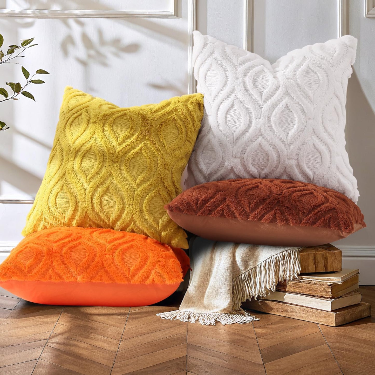 decorUhome Fall Throw Pillow Covers 18x18 Inch Set of 2, Soft Plush Faux Wool Mustard Yellow Solid Couch Pillow Covers, Accent Farmhouse Neutral Square Pillow Cases for Sofa Bed Living Room