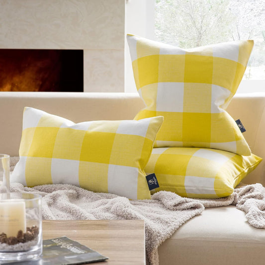 Phantoscope Pack of 2 Gingham Buffalo Check Plaid Throw Decorative Pillow Cover Outdoor Indoor Throw Pillows Farmhouse Square Pillow Cases for Home Decor Yellow,12 x 20 Inches