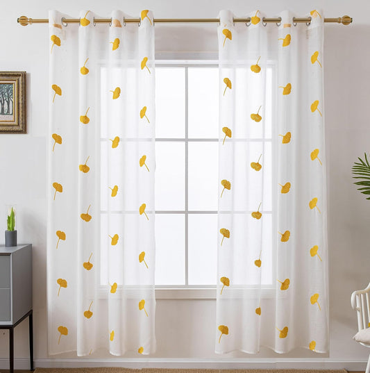 Yellow Sheer Curtains 84 Inches Long Embroidered Leaf Patterned Linen Look Floral Semi Sheer Curtain for Kids Bedroom Living Room Grommet Voile Drapes 2 Panels