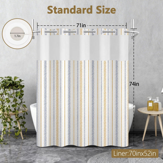 No Hook Geometric Striped Shower Curtain and Liner Set, Waterproof Double Layers Fabric Shower Curtain with Mesh Top Window, Boho Blue and Yellow Minimalist Bathroom Curtains, 71x74 Inches