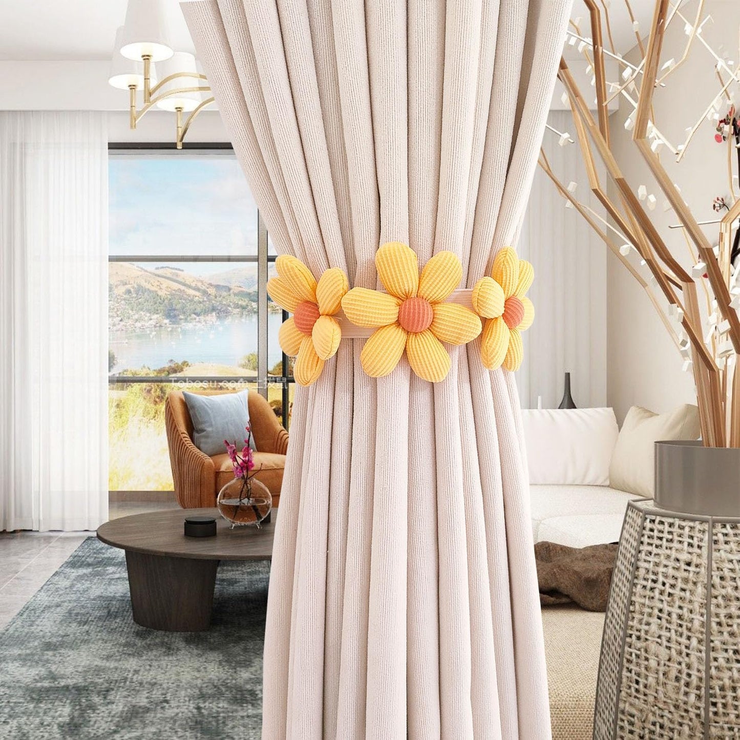 2pcs Curtain Ties Flower Curtain Buckles, Cute Flower Curtain Ties Decorative Rope for Bedroom Window Treatment (Yellow)