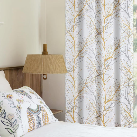 FMFUNCTEX 100% Blackout Curtains for Living Room, Yellow Grey Curtains 63 Inch Length Tree Branch Patterned Curtains for Bedroom, Thermal Insulated Farmhouse Window Treatment, Grommet Top 2 Panels