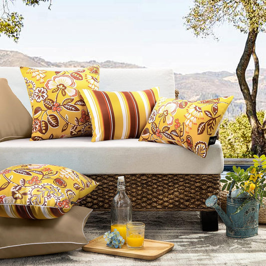 Phantoscope Pack of 2 Outdoor Indoor Throw Decorative Pillow Cover Decorative Waterproof Striped Floral Patio Pillows Cushion Case for Couch Tent Park, Yellow 20 x 20 Inches