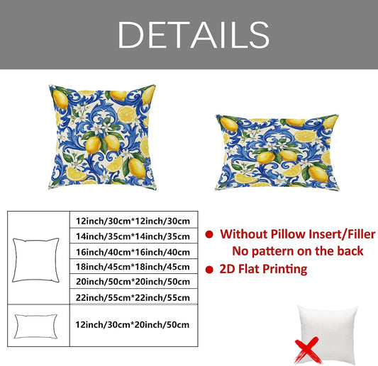 Lemon Throw Pillow Covers Set of 4, Mediterranean Traditional Floral Blue Swirls Summer Yellow Soft Velvet Washable Cushion Covers Pillow for Living Room Bedroom Loft Office Car Decor 16x16 Inch