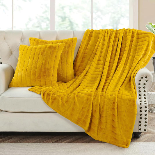 Home Soft Things Rabbit Faux Fur Throw Blanket (50" x 60") and 2 Pillow Covers (18" x 18")οΌ3 Piece Lemon Curry Throw Pillow SetοΌDecorative Throw Blankets for Couch Bed Living Room