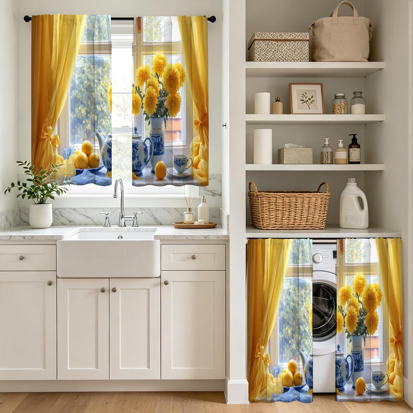 bassyil Yellow Flower Lemon Kitchen Curtains Cafe Curtains for Bathroom Dining Room Living Room Farmhouse Pocket Window Drapes 2 Panels Set Blackout Curtain 28"x36"